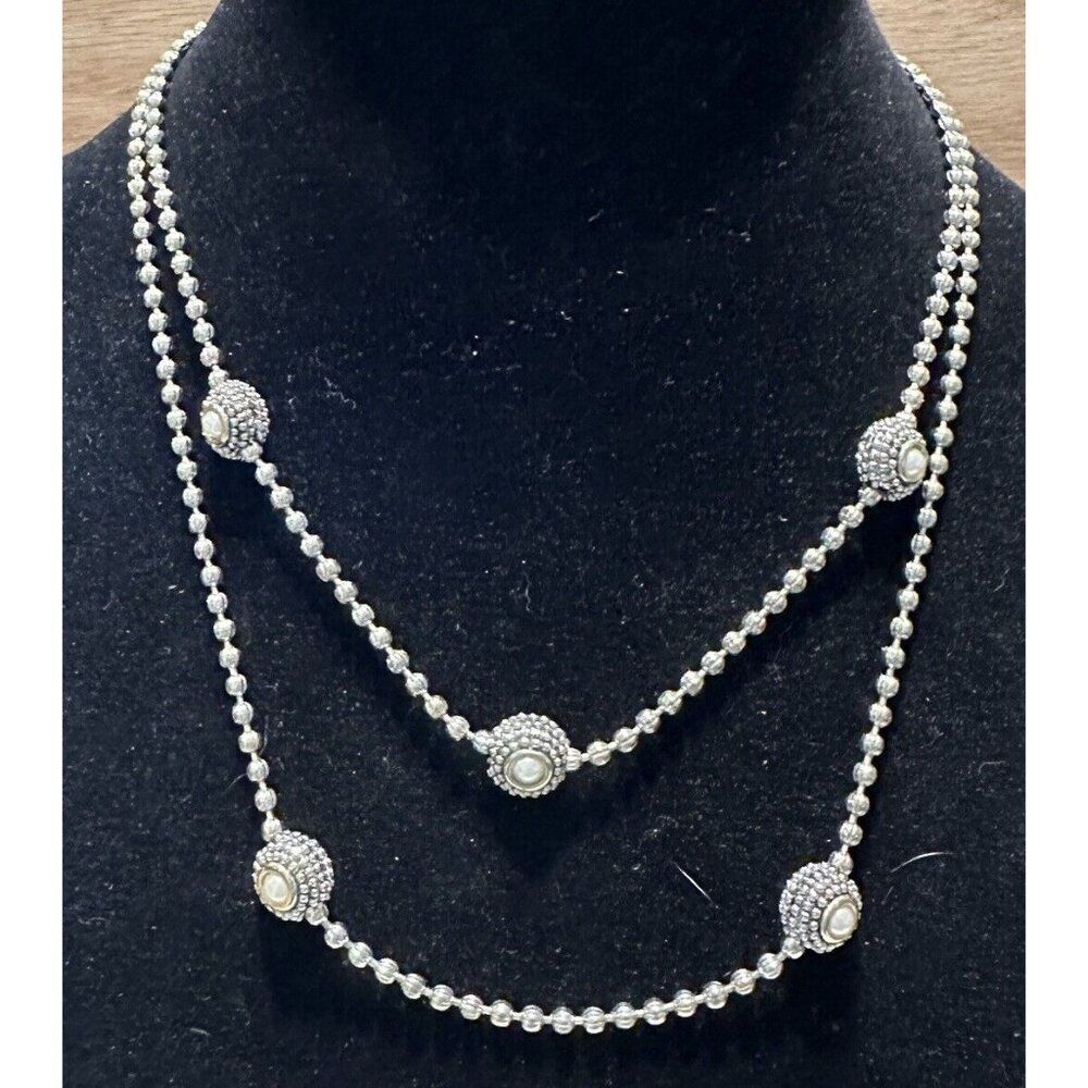 Silver Tone Multi Chain Faux Pearl Accent Beaded Necklace 18”